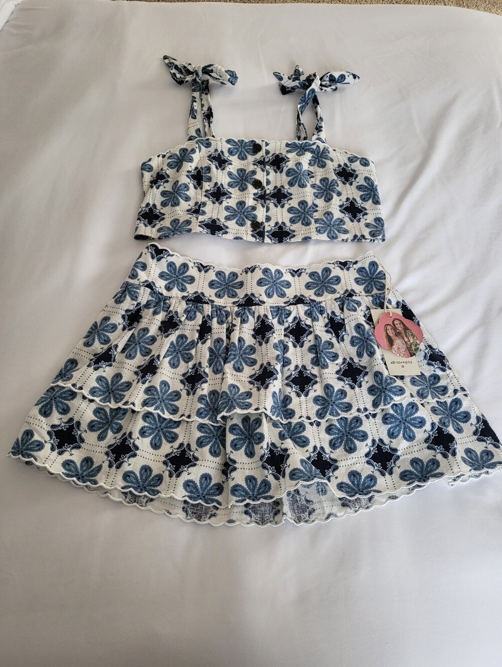 2 Pc Set Agua Bendita x Target Scalloped Crop Top & Tiered Skirt Linen Blend L